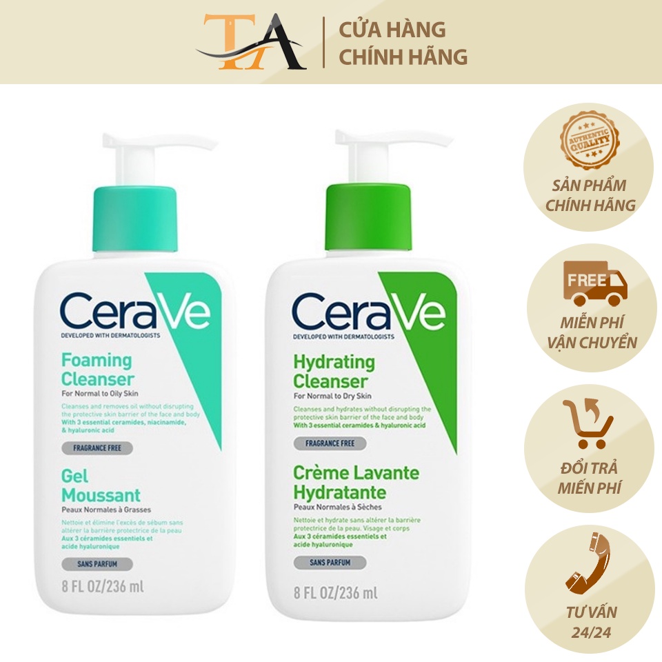 Sữa Rửa Mặt Cerave Cleanser Cho Da Dầu, Da Khô, Da Nhạy Cảm Nội Địa Pháp 236ml