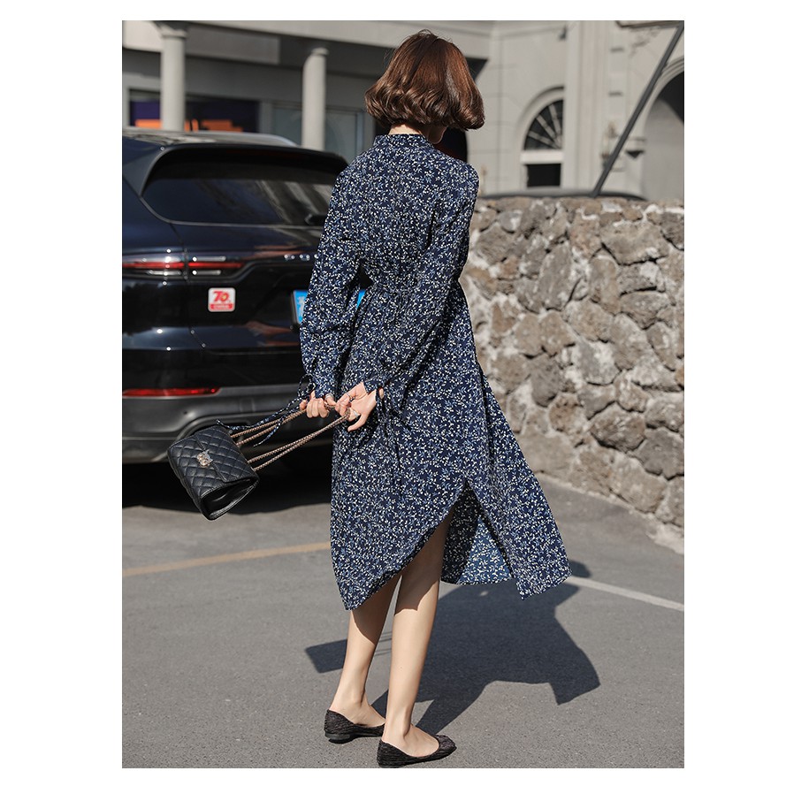 Korean Vintage Long Sleeve Casual Dresses Women Spring Summer Print V Neck Midi Dress Blue | BigBuy360 - bigbuy360.vn