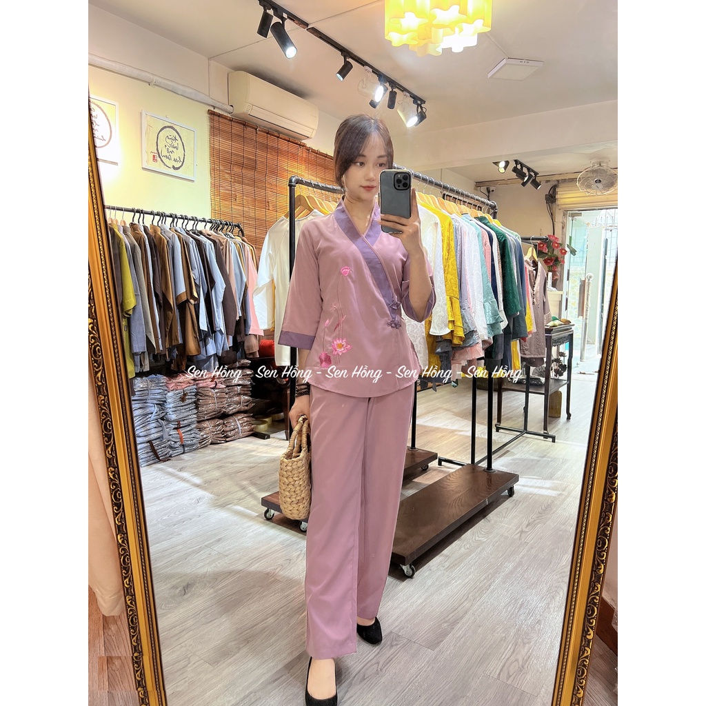 Set đồ lam đi chùa - quần áo Phật tử cài chéo viền nổi, vải kate Nhật bền đẹp - Pháp phục nữ Sen Hồng