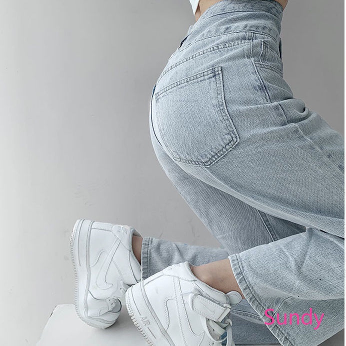 Quần jean lưng cao ống rộng phối nút đơn giản thời trang mùa hè dành cho nữ