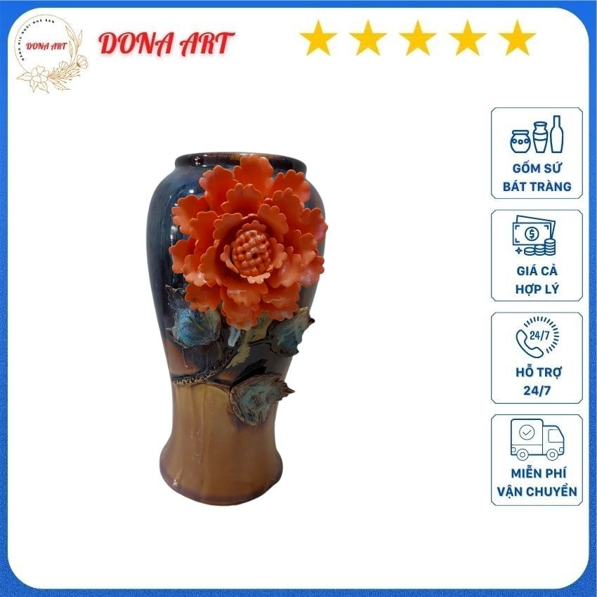 Bình cắm hoa đẹp men kim xạ họa tiết hoa lá đắp nổi Dona Art DA 09, Bình hoa gốm sứ Bát Tràng