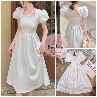 [Ảnh thật] Đầm midi trắng cổ vuông tay phồng thắt nơ sau dễ thương