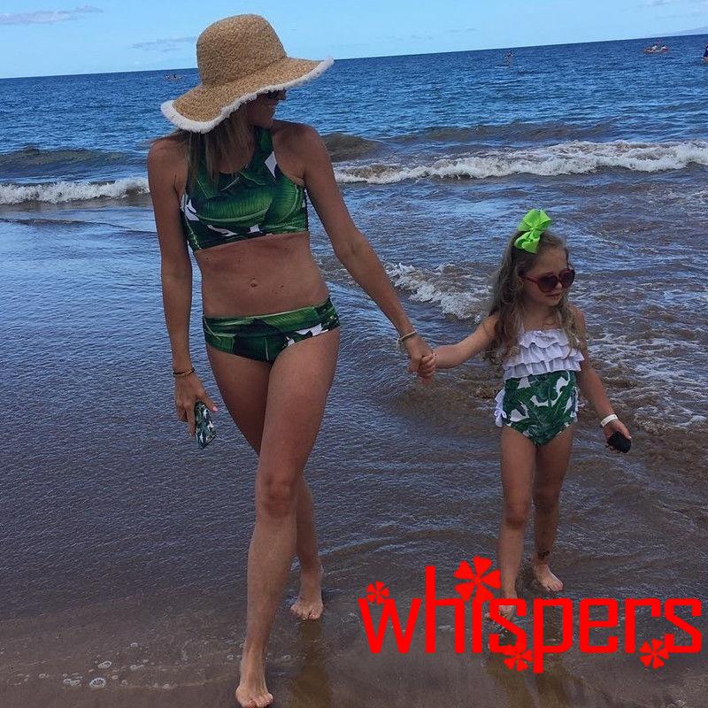 Bộ bikini hai mảnh họa tiết lá cọ thời trang cho mẹ và bé