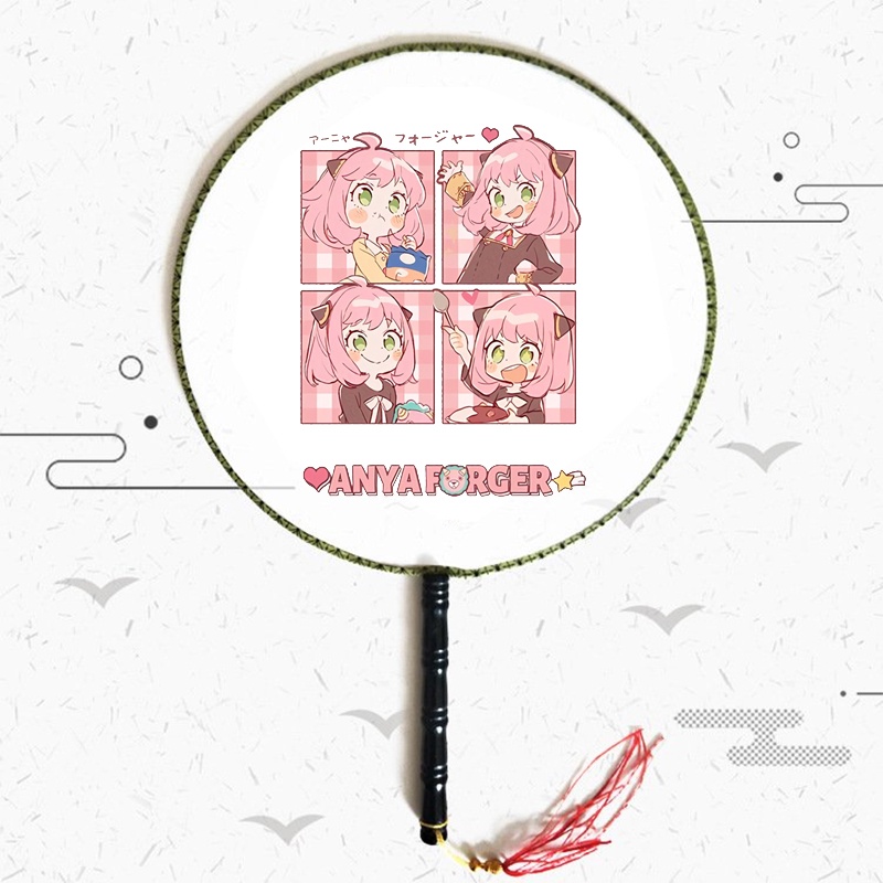 Quạt tròn cổ trang in hình ANYA ver ĂN UỐNG Spy x Family chibi anime cán gỗ quà tặng độc đáo xinh xắn