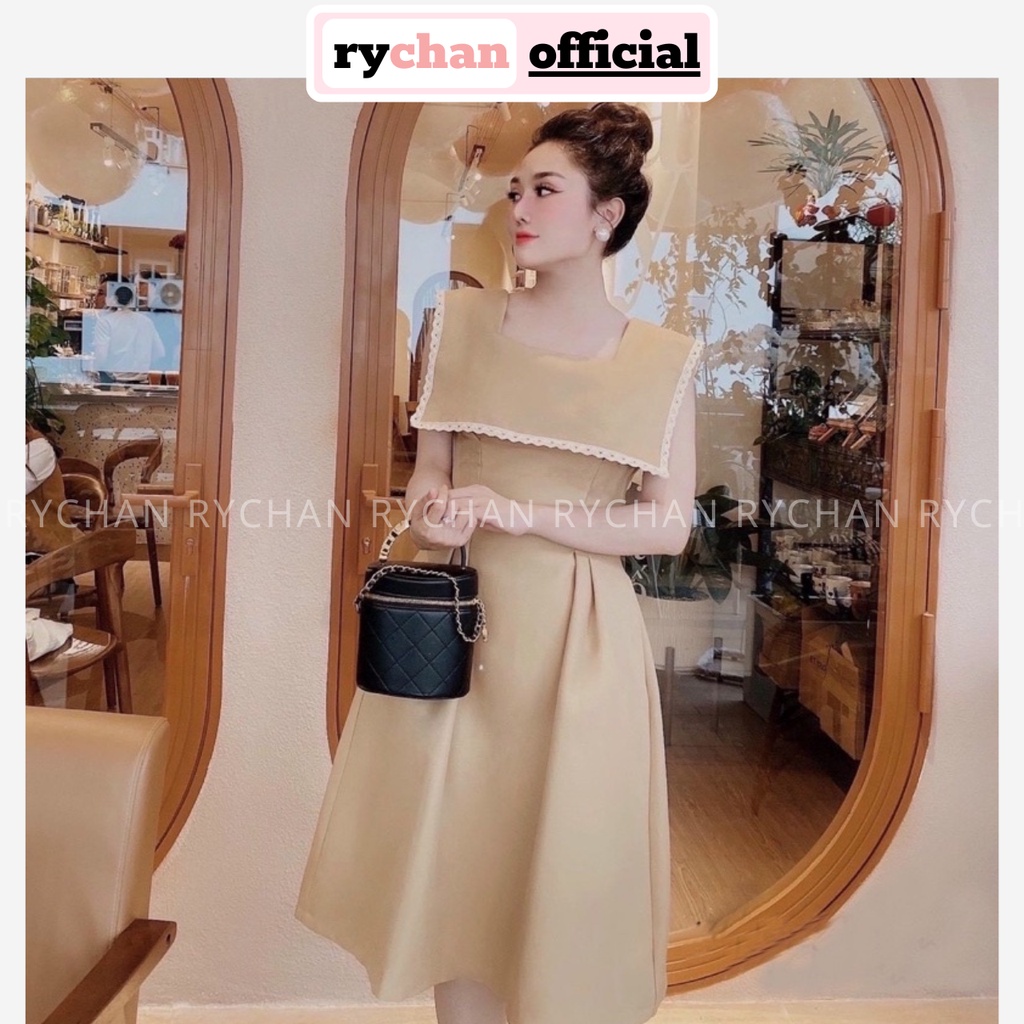 Đầm Đi Tiệc Trà Cổ Trong Phối Viền Vuông Trắng Bo Eo Than Lịch Sang Trọng Màu Kem[ẢNH THẬT CUỐI] - DX9879