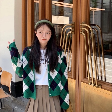 Áo Khoác Len Cardigan Nữ Dệt Kim Dáng Rộng Họa Tiết Trám Tông Xanh Phong Cách Cổ Điển Vintage Hàn Quốc