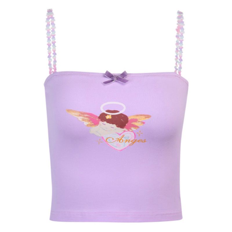 Áo Croptop Hai Dây Thắt Nơ In Họa Tiết Thiên Thần Cupid Dễ Thương Cho Nữ