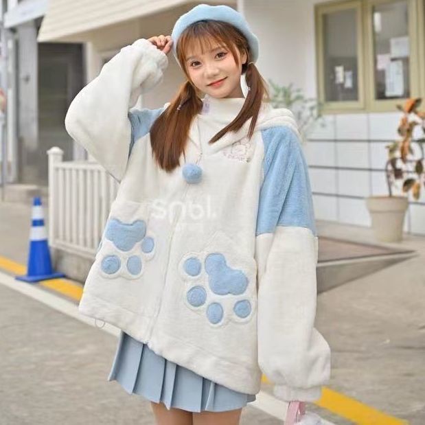 Áo khoác lông cừu có mũ dáng rộng thêu hình gấu dễ thương thời trang thu đông cho nữ