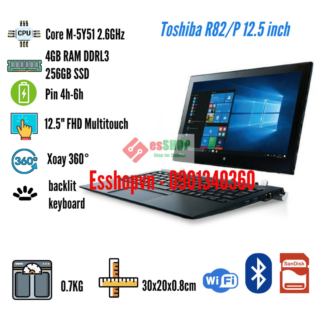 Laptop 2 trong 1 màn hình cảm ứng 12.5 inch Toshiba R82/P Core M-5Y51 2.6GHz 4GB 256GB SSD - Likenew 98-99% kèm bàn phím