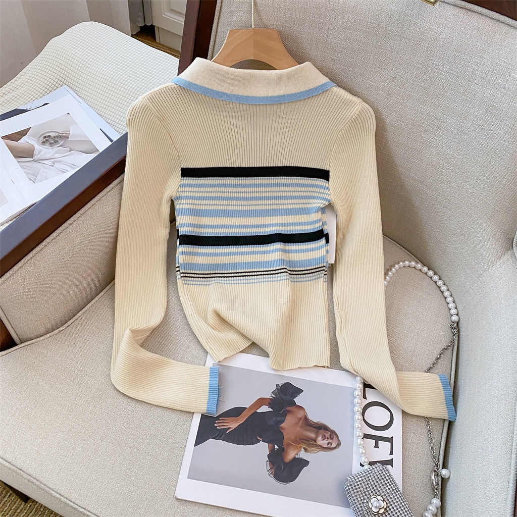 Áo polo Dệt Kim Tay Dài Dáng Ôm Kẻ Sọc Màu Sắc Tương Phản Phối Khóa Kéo Kiểu Hàn Quốc