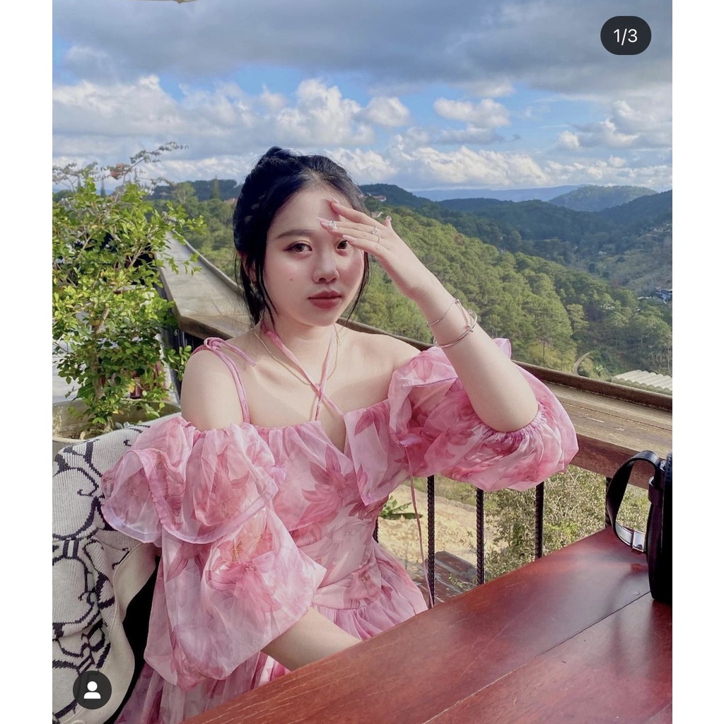 ĐẦM HOA RỚT VAI CHÉO DÂY CỔ BÈO NGỰC TAY PHỒNG