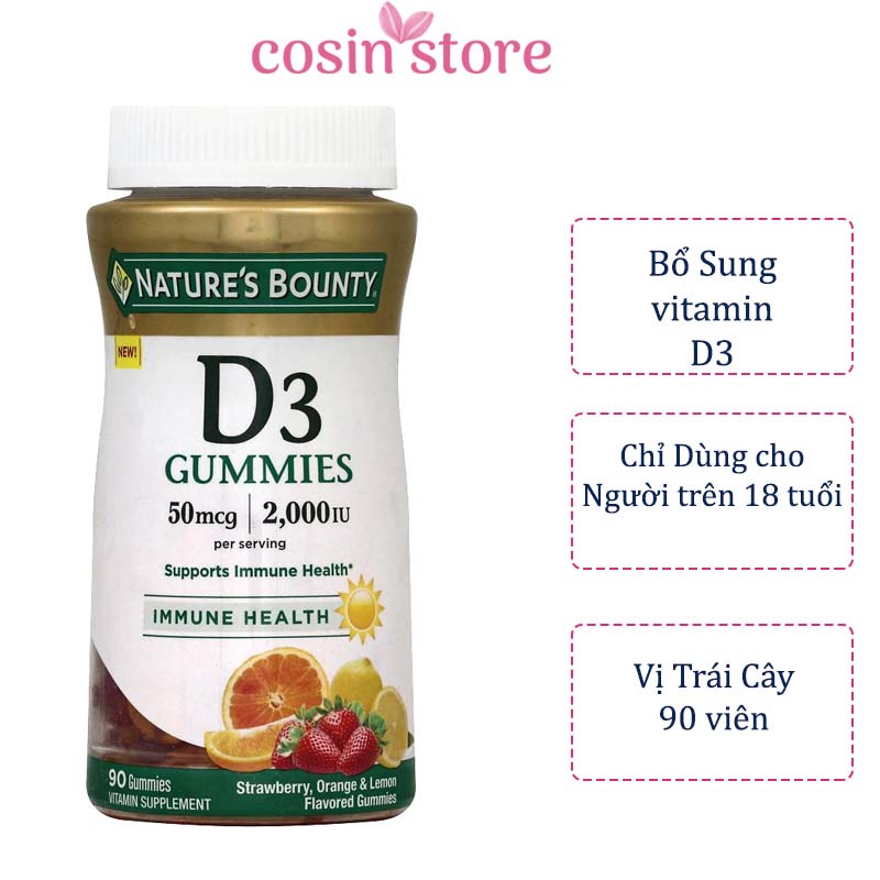 Kẹo dẻo Nature's Bounty D3 Gummies 50mcg 2000IU 90 viên vị trái cây ngăn ngừa còi xương Cosin Store