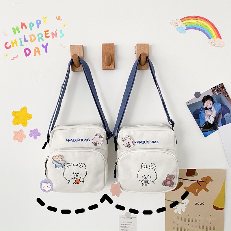 Balo Mini túi canvas nữ họa tiết hoạt hình siêu xinh gấu, Thỏ 2021  KÈM 2 MÓC CHIBI NGẪU NHIÊN