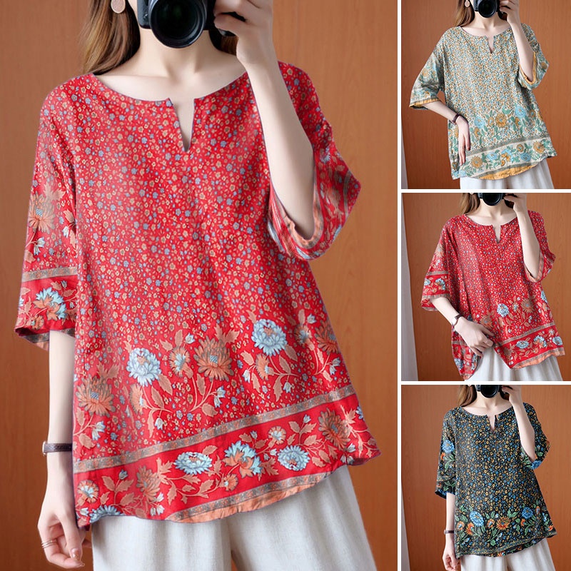 ZANZEA Áo Kiểu Cổ Tròn Tay Lỡ Họa Tiết Hoa Phong Cách Retro Dành Cho Nữ