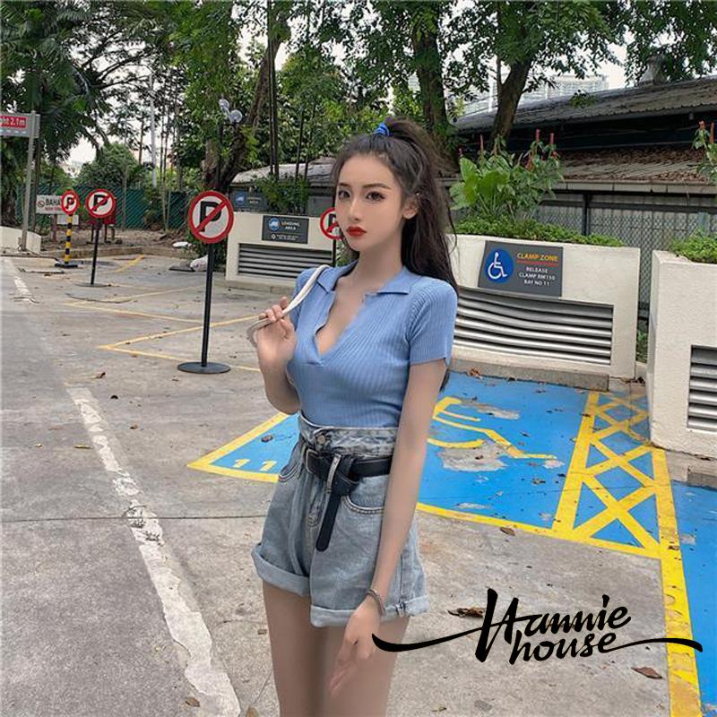 Áo Croptop Dệt Kim Tay Ngắn Thiết Kế Cổ Chữ V Nữ Tính