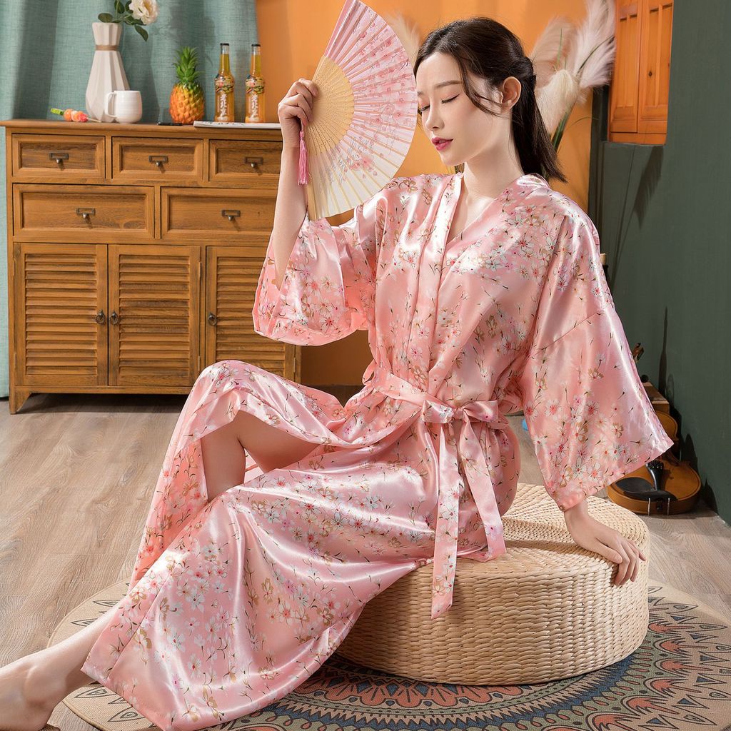 Áo Choàng Tắm Kiểu Kimono Bằng Lụa Lạnh Quyến Rũ Cho Nữ