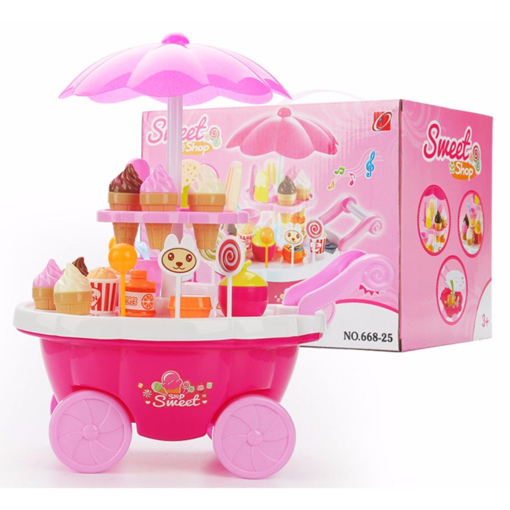 Bộ đồ chơi xe kem 2 tầng có nhạc và đèn - Đồ chơi xe đẩy cửa hàng bán kem có nhạc đèn cho bé trai bé gái