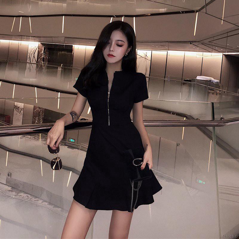 Váy nữ mini lưng cao có dây kéo màu trơn