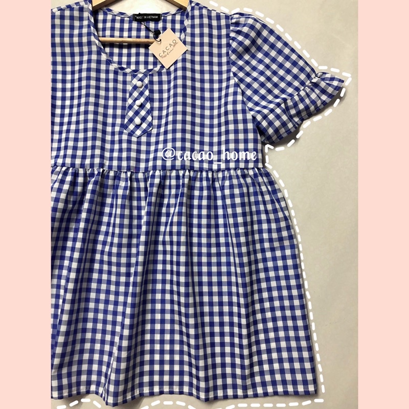 Áo babydoll caro xanh dễ thương tặng kèm scrunchie cùng màu