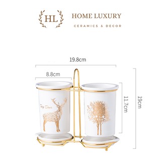 Ống cắm đũa sứ xanh cao cấp | ống đũa 2 xanh ngọc bích | 2 ống đựng đũa chất liệu sứ khung kim loại