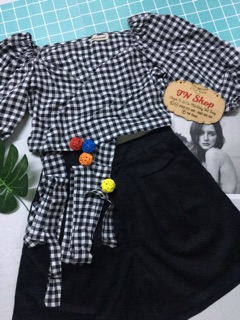 Áo croptop caro đắp chéo cột nơ