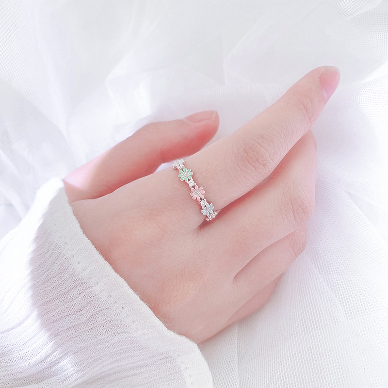 Nhẫn thép titan năm màu đính đá zircon hình hoa cúc nhỏ thời trang phong cách Hàn Quốc dành cho nữ