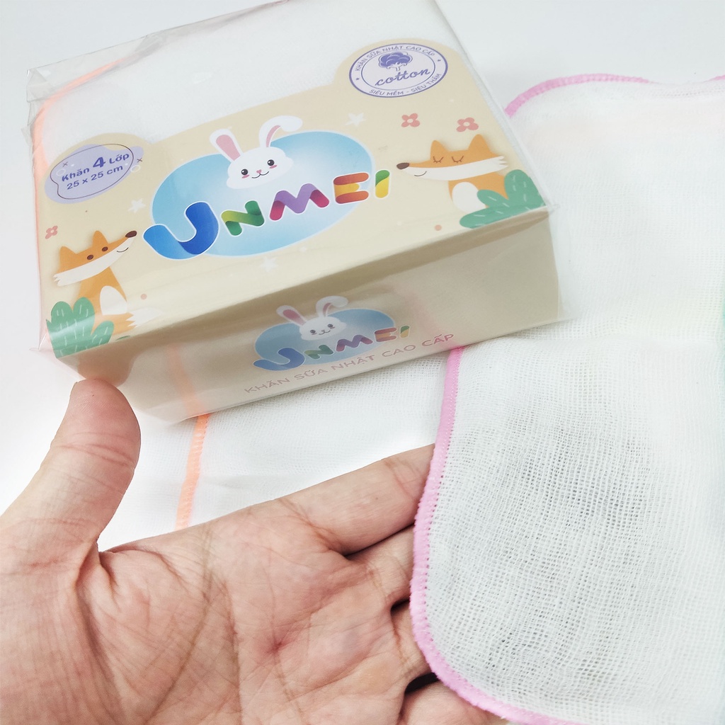 Gói 50 Khăn sữa vải gạc Unmei Dày 4 lớp 25x25cm 100% cotton (Đồ dùng vệ sinh cho bé) - Bịch 10 Cái x 5 Bịch