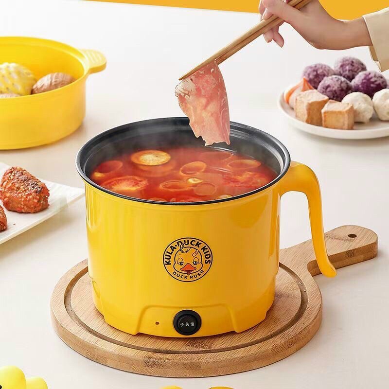 [FREESHIP] Ca Nấu Mì, Nồi Lẩu Điện 18Cm Con Vịt Vàng Đa Năng Mini Kèm Xửng Hấp Inox.