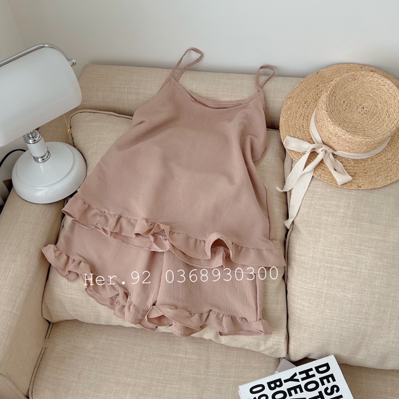 Bộ đũi hai dây mặc nhà viền bèo trơn Đồ ngủ xinh siêu mát mùa hè