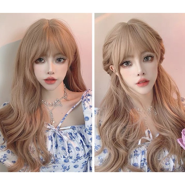 Tóc giả nữ nguyên đầu xoăn sóng vàng khói chất sợi tơ nhân tạo dùng nhiệt tạo kiểu 9106