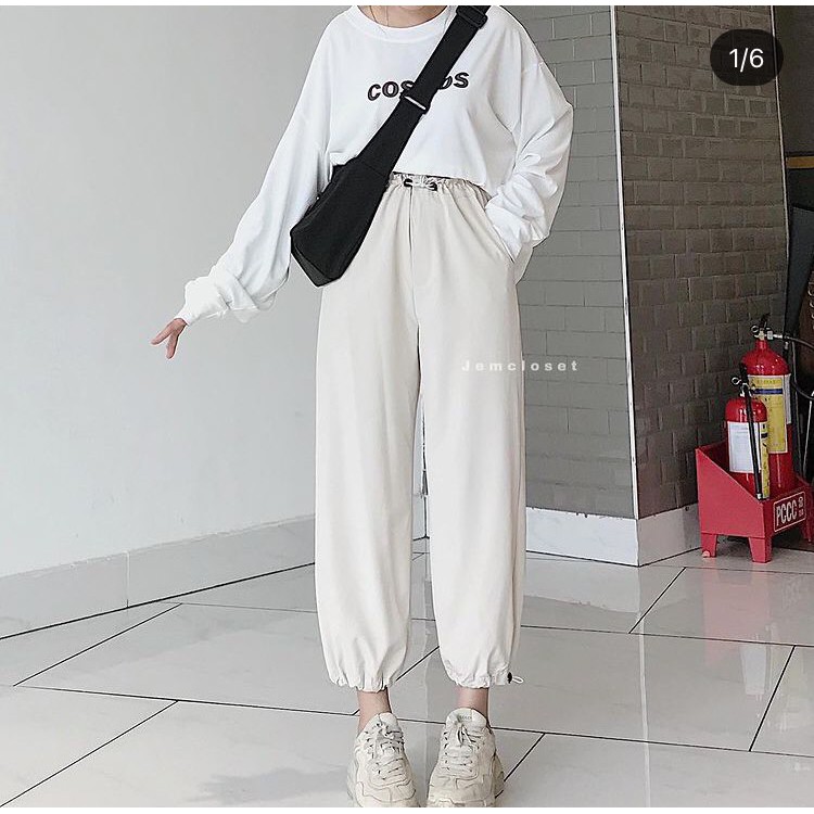 Quần Jooger Vải Nữ JEM CLOSET Có Dây Rút Eo Quần Jogger Nữ Ống Rộng Chất Dù Cát Phối Đồ Năng Động Cá Tính 2199