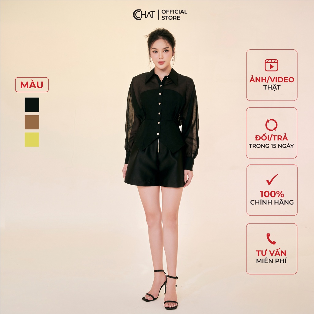 Áo Sơ Mi Nữ 𝐂𝐂𝐇𝐀𝐓 Dáng Ngắn Gấu V Chất Thô Cao Cấp Phong Cách Trẻ Trung 12FDT2063OT