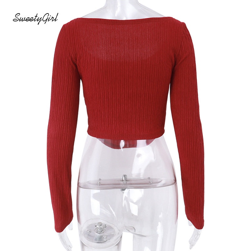 Áo Croptop Dệt Kim Tay Dài Cổ Chữ U Màu Đỏ Trơn Thời Trang 2022 Quyến Rũ Cho Nữ