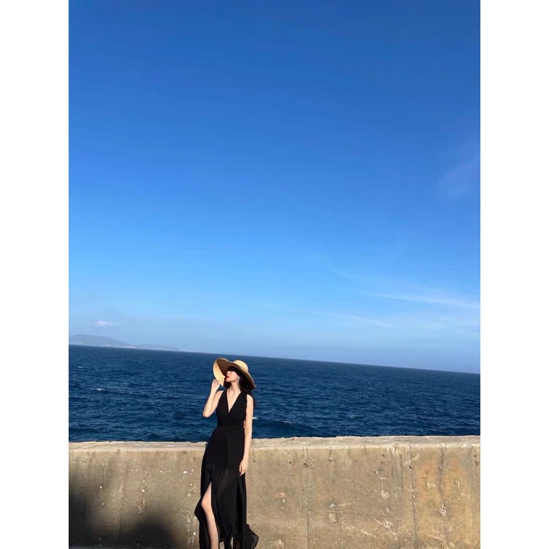 (Ảnh thật) Váy đầm maxi hở lưng xẻ tà thắt nơ cổ xẻ ngực sexy màu đen đi chơi du lịch đi biển boho thổ cẩm