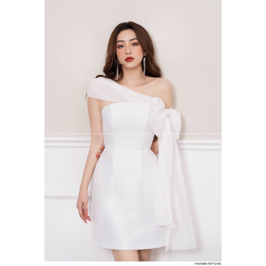 Váy đầm thiết kê lệch vai nơ trắng nhẹ nhàng [ Có video + Ảnh thật ] The Shilla - H10-50B8