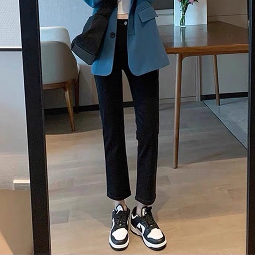 Quần jean bò ống đứng nữ màu đen lưng cao chất co giãn phong cách Ulzzang Hàn Quốc mặc hàng ngày đủ size