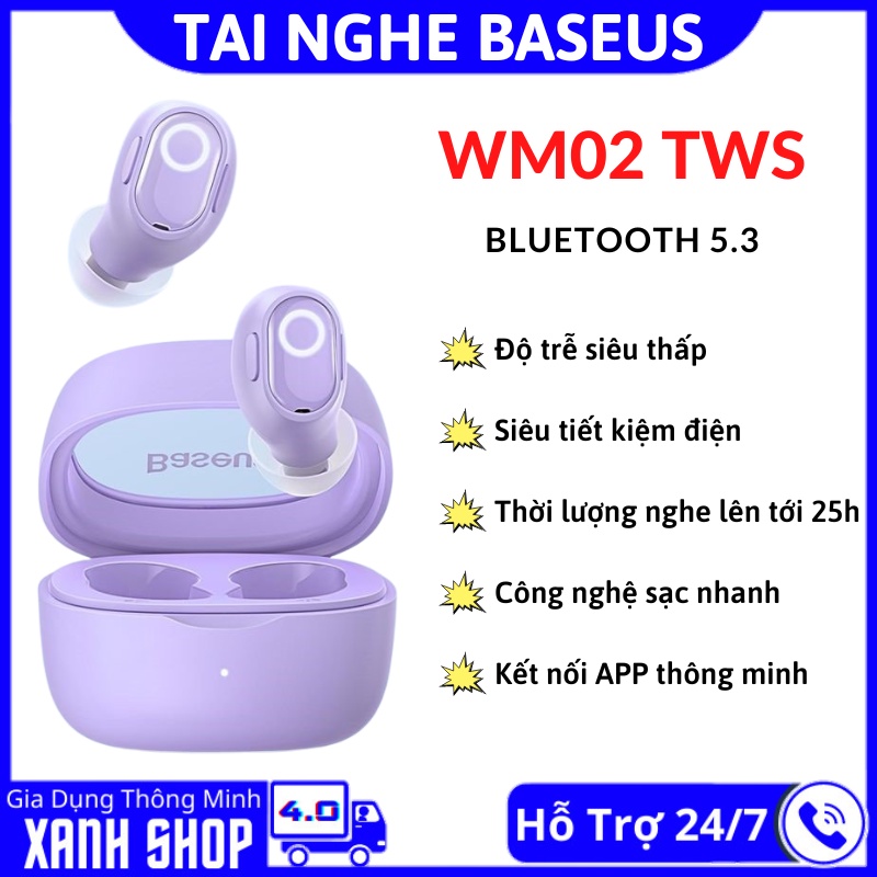 Tai nghe Bluetooth 5.3 Baseus WM02 TWS - Tai nghe nhét tai chống ồn, lọc âm, khoảng cách kết nối 20m, bảo hành 12 tháng.