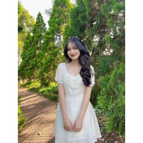 Váy babydoll trắng ren cổ Tia19. Đầm trắng ren cổ (ảnh thật).