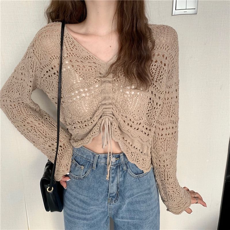 Áo Thun Tay Dài Dáng Rộng Cổ Chữ V Thiết Kế Dây Rút Thời Trang Mùa Hè Mới Phong Cách Hàn Quốc Cho Nữ