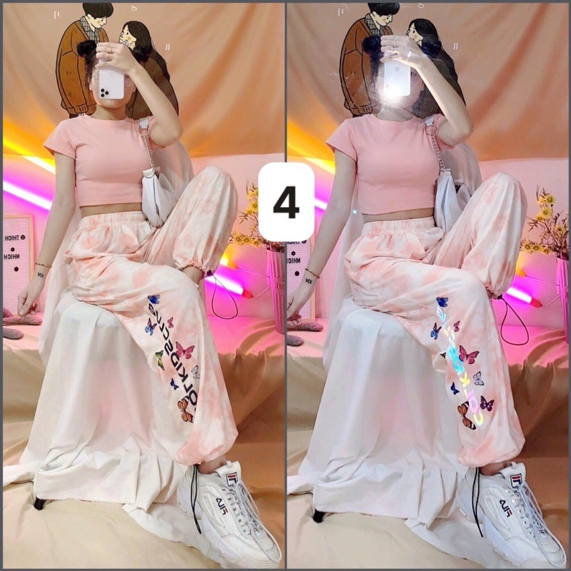 Set áo croptop + quần loang phản quang unisex