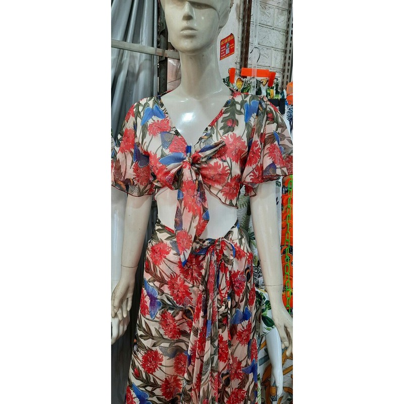 Set maxi bikini 3 món hoạ tiết hoa vintage đi biển cực hot - Có ảnh thật