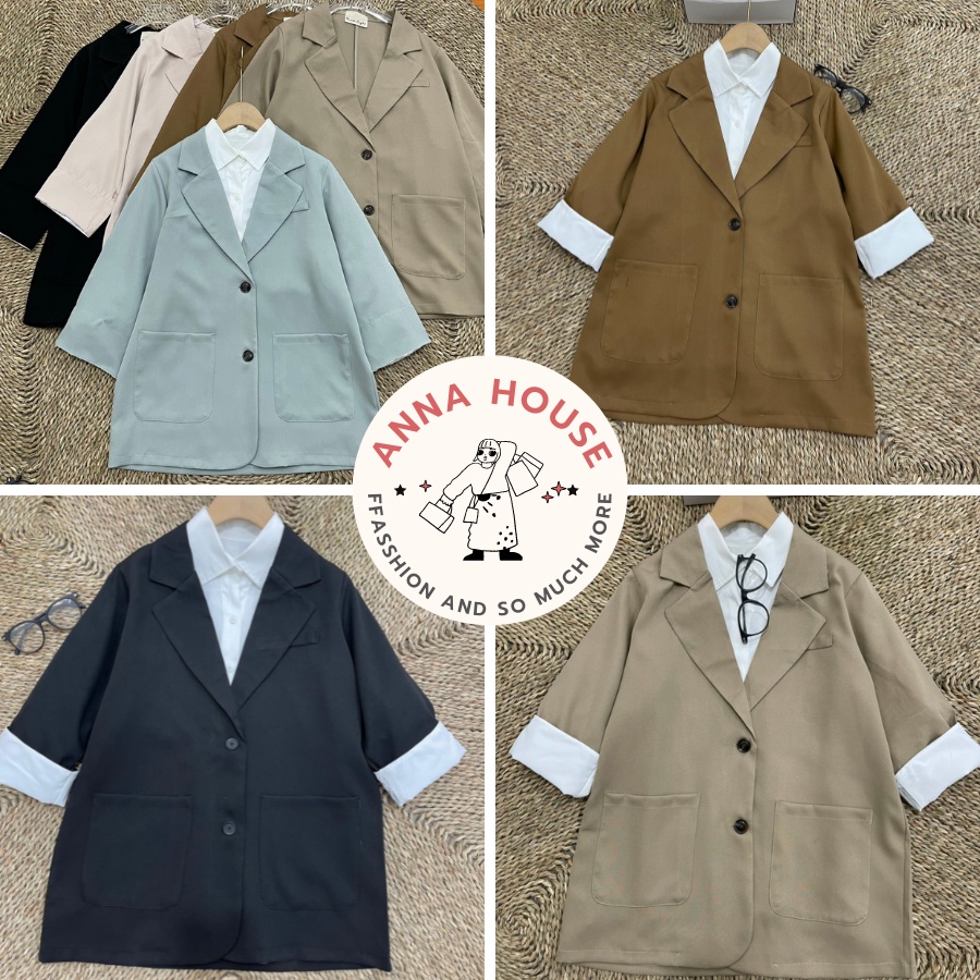 Áo blazer nữ 1 lớp form rộng nhiều màu tay lỡ xắn gấu tay trắng, áo khoác ngoài Blazer nữ tay ngắn dáng rộng túi hộp