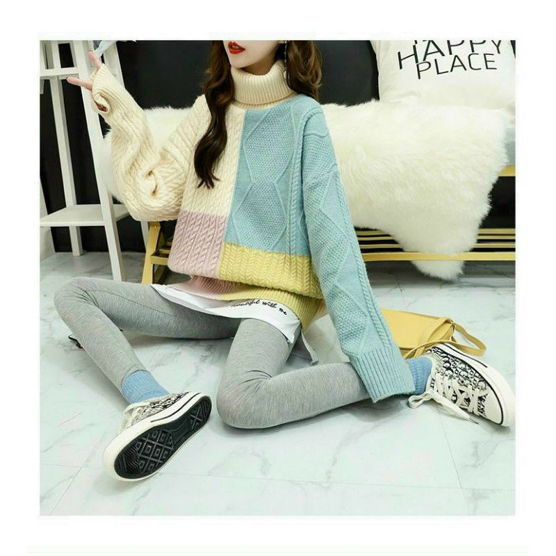 Hàng nhập - Áo len nữ cổ lọ phối màu, áo kiểu gân thừng thu đông