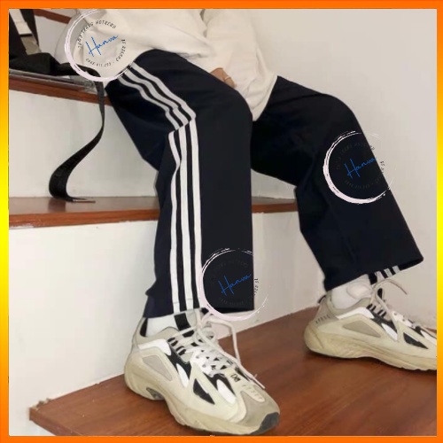 Quần Thể Thao Ống Rộng Dáng Dài Unisex 3 Sọc Cạp Chun Dây Rút Lưng Cao Chất Cotton Hanva