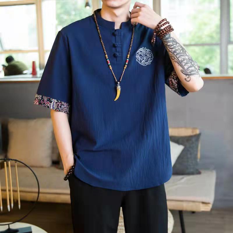 Áo Thun Cotton Lanh Mỏng Tay Ngắn Dáng Rộng Thêu Hình Chim Hạc Kiểu Trung Hoa Thời Trang Cho Nam 06.29