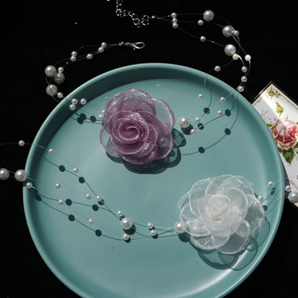 Vòng cổ choker vải lưới phối hạt ngọc trai duyên dáng thời trang cho nữ