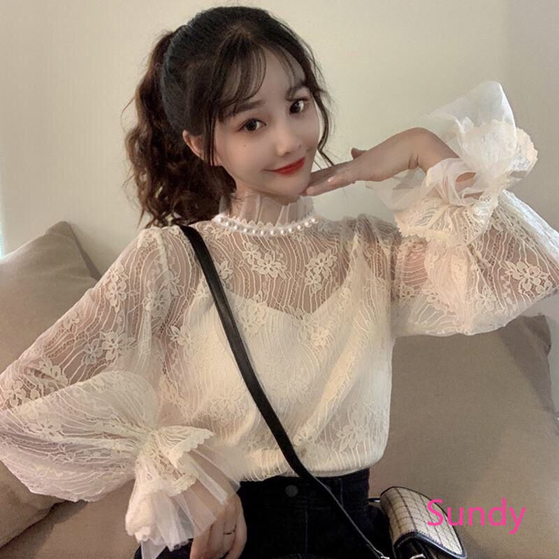 Áo Sơ Mi Tay Dài Dáng Rộng Phối Ren Thời Trang Retro Hàn Quốc Cho Nữ