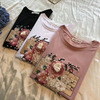 Áo Thun Ngắn Tay Mềm Mại In Họa Tiết Hoa Đính Hạt Sequin Phong Cách Hàn Quốc Nhật Bản Cho Nữ