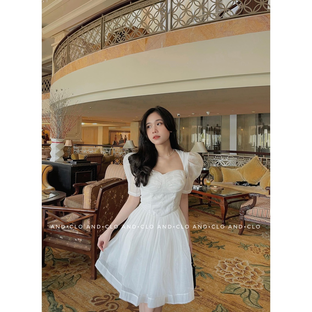 Đầm xoè xếp li ngực tay phồng TK