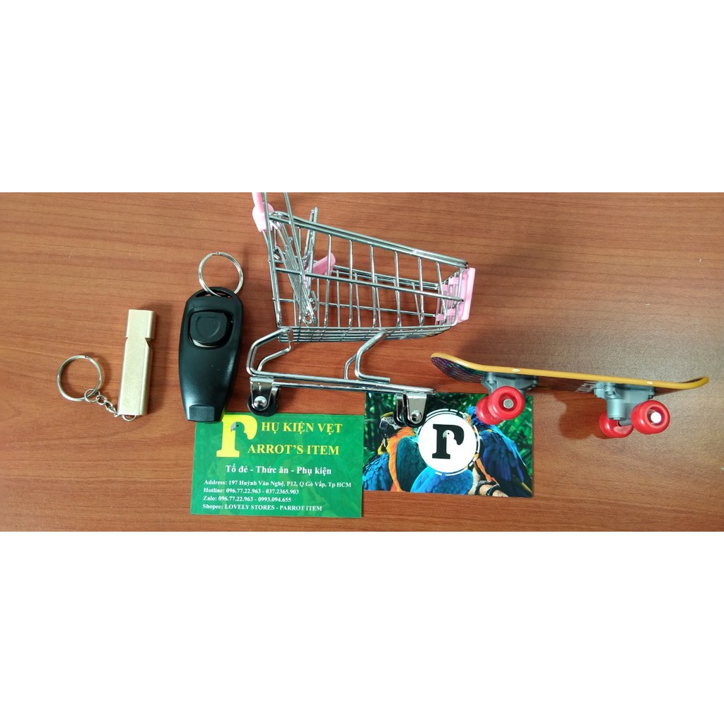 4 MÓN ĐỒ HUẤN LUYỆN CHO CHIM, VẸT (CLICKER+CÒI KÉP+XE ĐẨY+VÁN TRƯỢT LỚN)